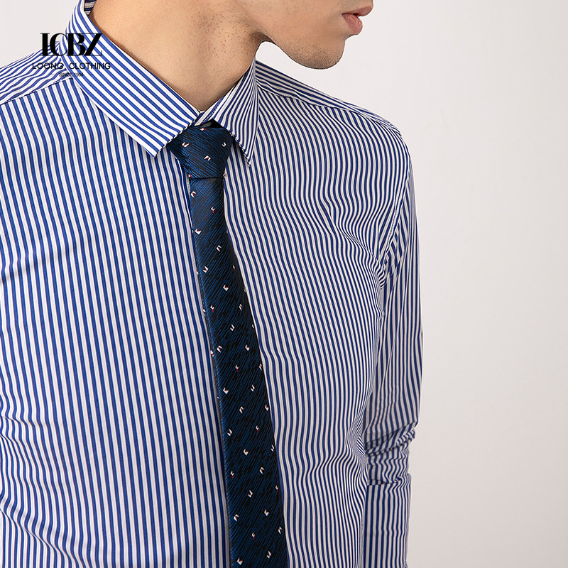 Work Office Formal Navy 100% Cotton Strip Button Down Shirts Custom Contrast Color