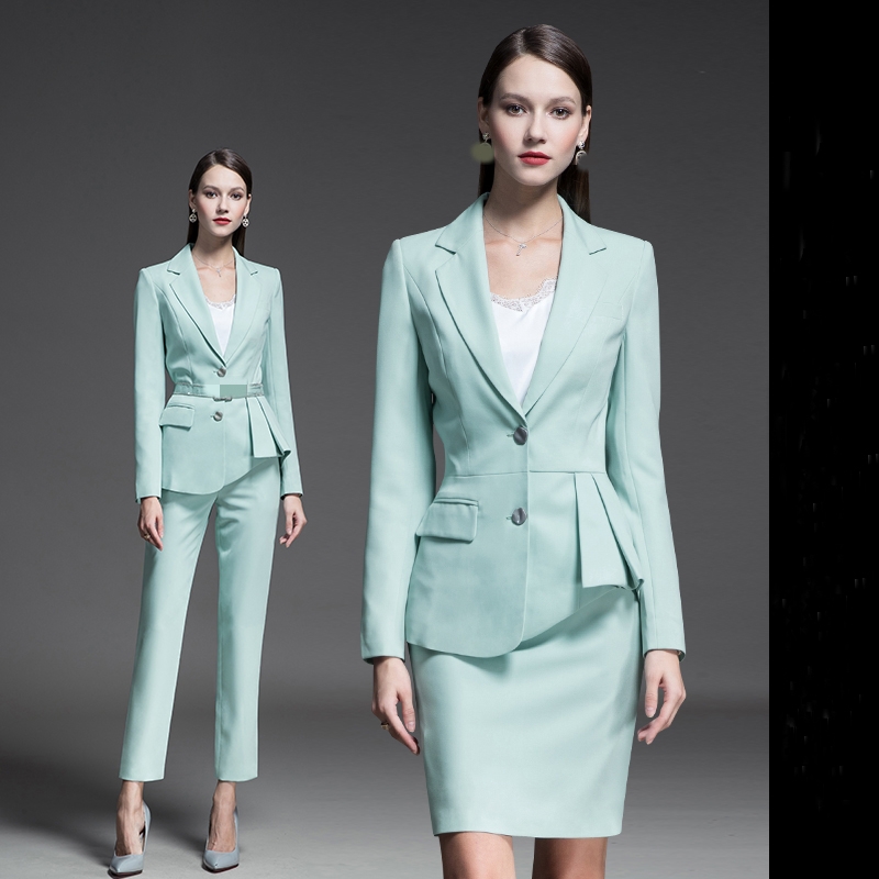 2021 Fashion Women's Slim Formal Office Skirt Suit with V-neck Collar and Full Sleeves