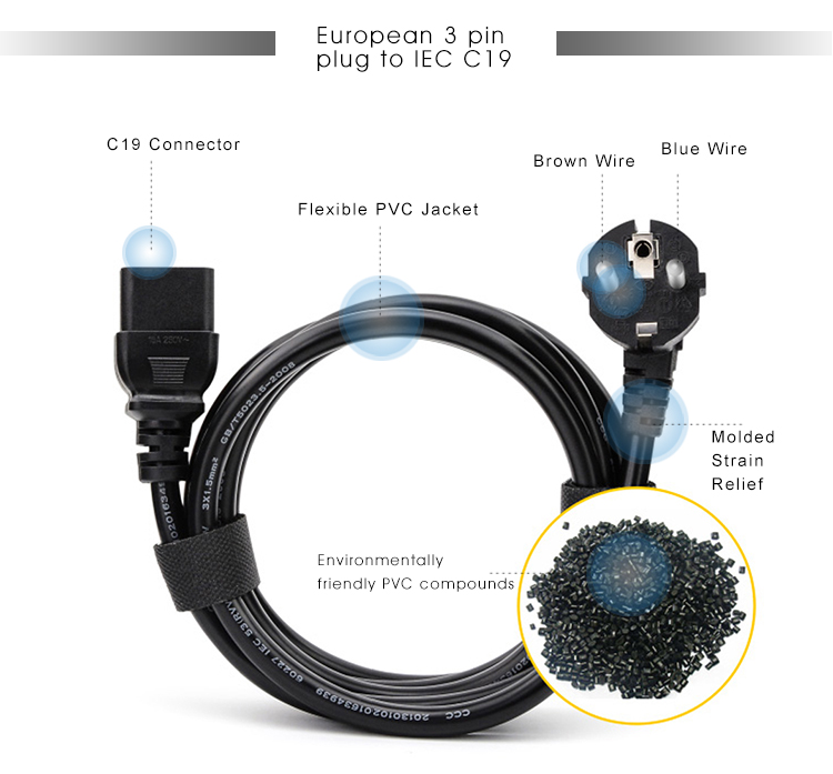 30A 240V Cable 1.5mm Shuko VDE Amplifier Cord IECC19 Female Connector Pdu Ac Power Plug