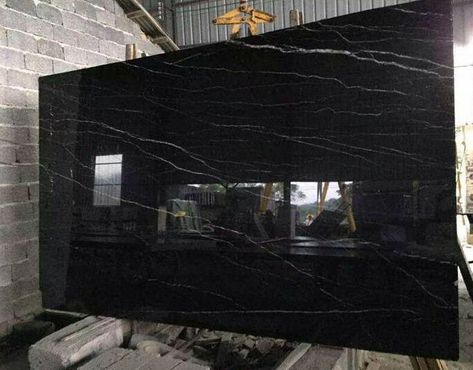 Polished Marble Stone Tile , Black Marble With White Veins For Sink Wash Basin
