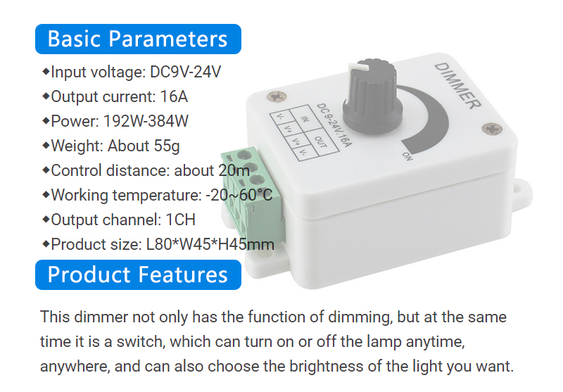 Adjustable Brightness LED Controller Dimmer Switch DC 12V 16A For 5050 Single Color Light