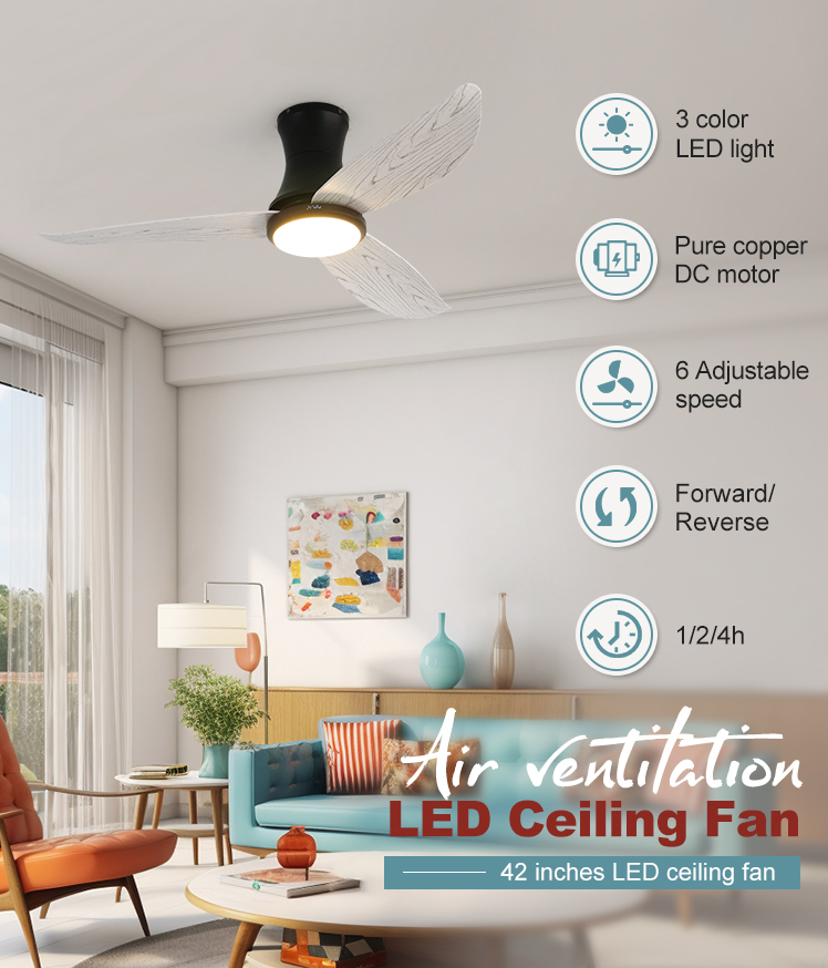 42 Inch/OEM 3 Color Dimmable Ceiling Fan with Plastic Wood Grain Design and Low Ceiling