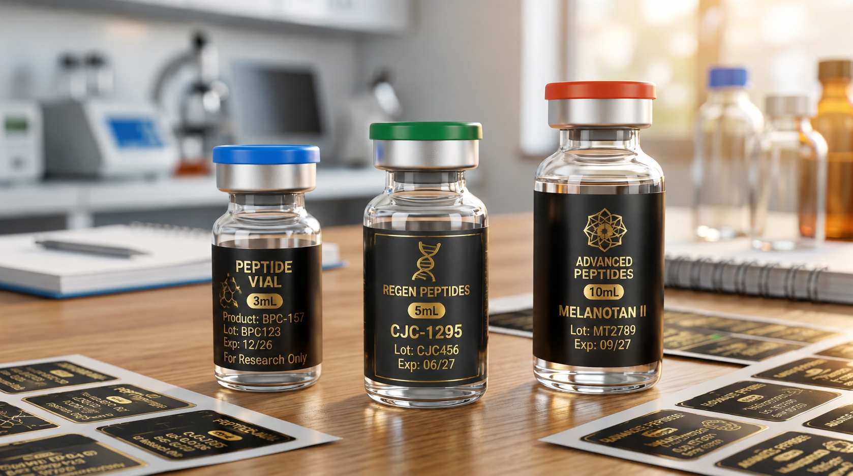 Private Label Peptide Adhesive Stickers Silver Hologram Vinyl White BOPP Low MOQ Quick Turnaround Pharma Sample Vials