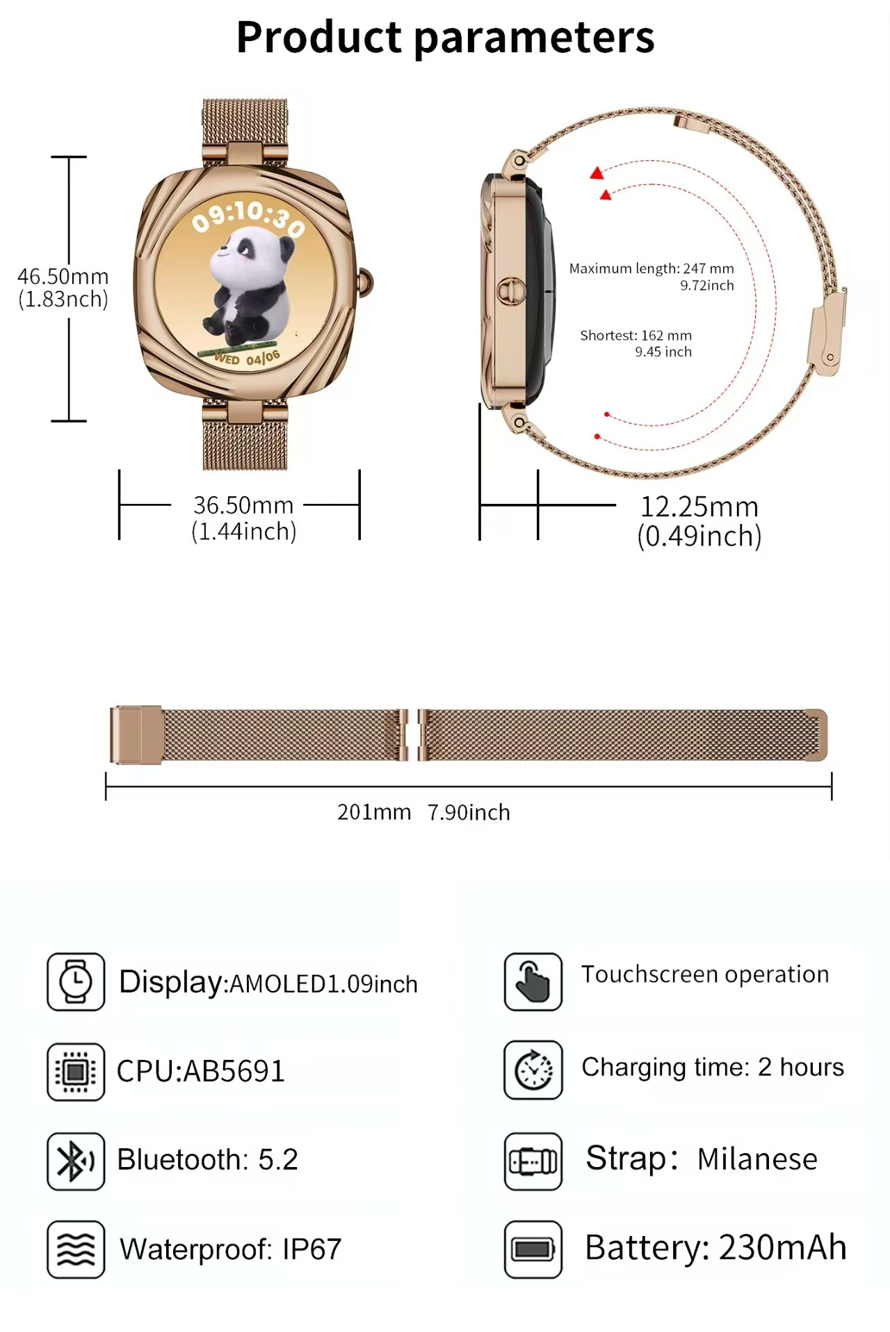 AW5 Women's Fashion Smart Watch 1.09 Inch AMOLED Square BT Call Female Health