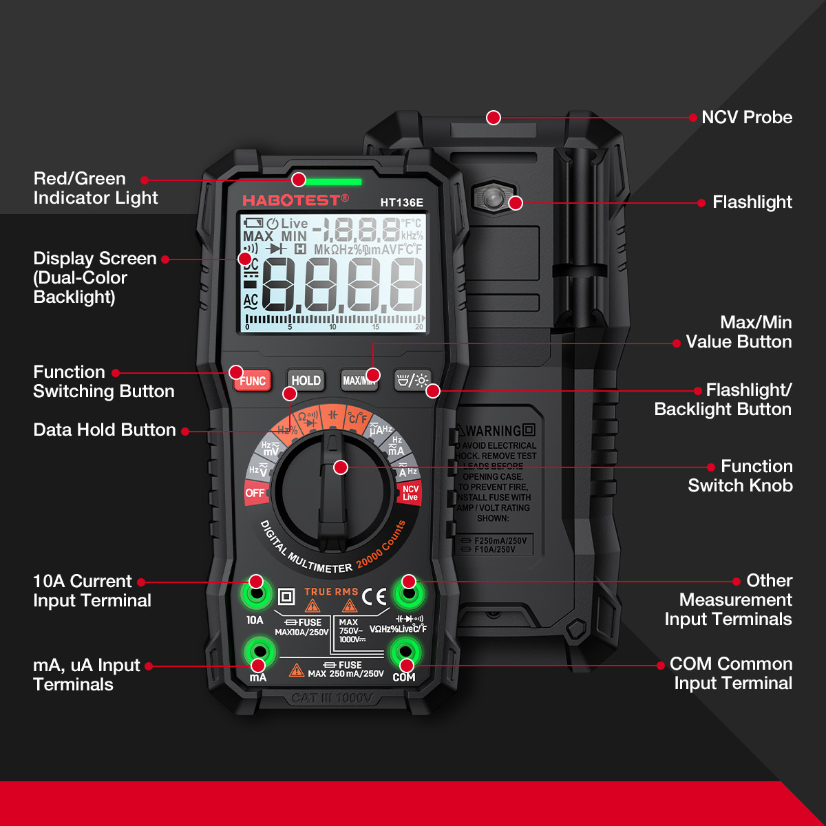 Ammeter HABOTEST HT136E/A Digital Multimeter 20000 Counts Voltage Current Detector Capacitance Resistance Frequency Temp Test