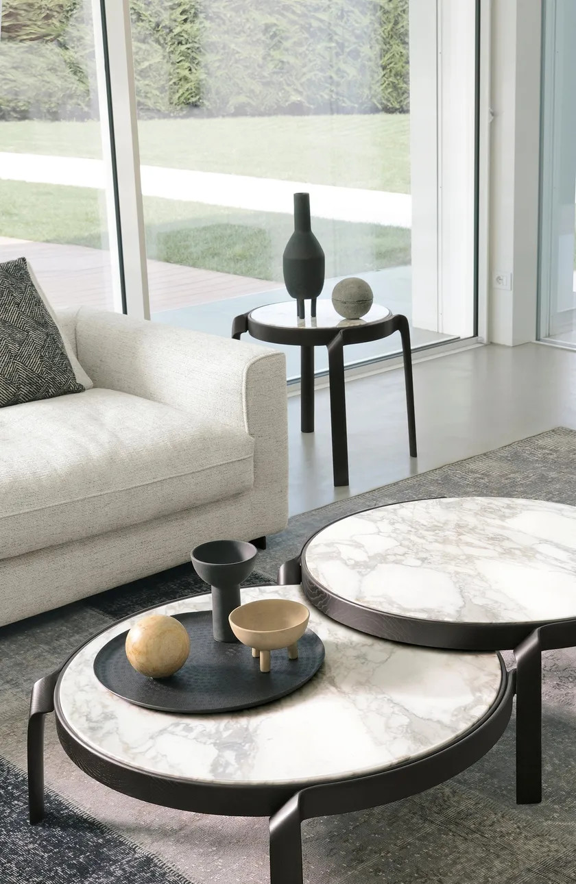 Premium Interior Coffee Side Table With Marble Top Curved Walnut Frame Legs