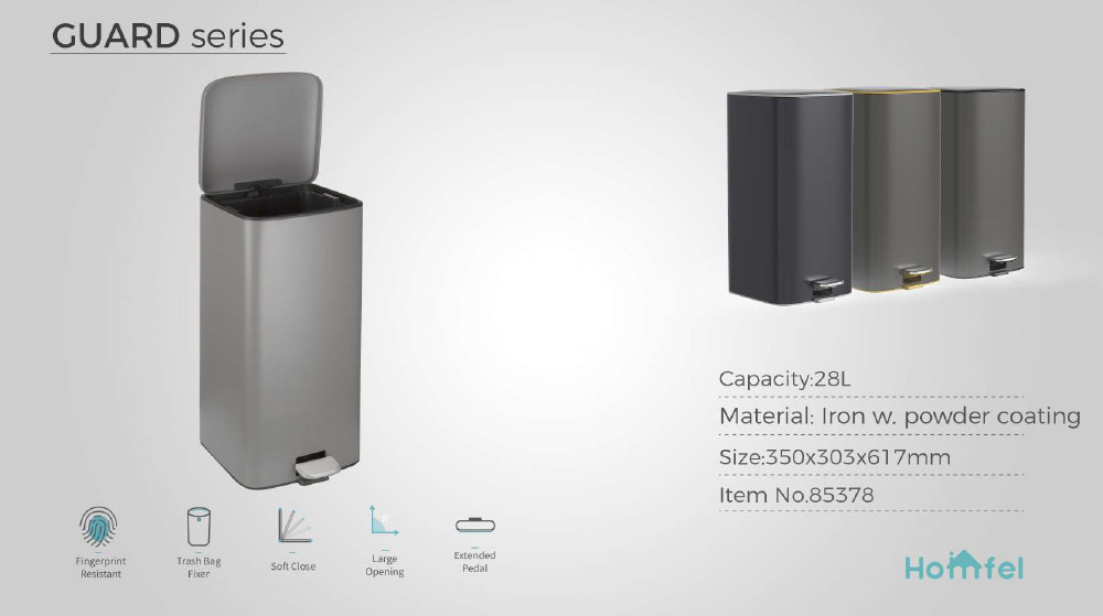 Rolling Cover Type 28L Stainless Steel Soft Close Square Pedal Trash Bin Foot Pedal Design For Living Room Office
