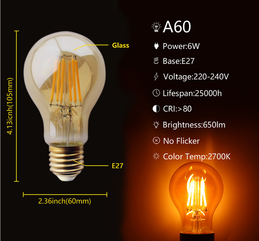 A60 220-240V led filament bulb amber 4W 6W E27 led vintage filament bulb