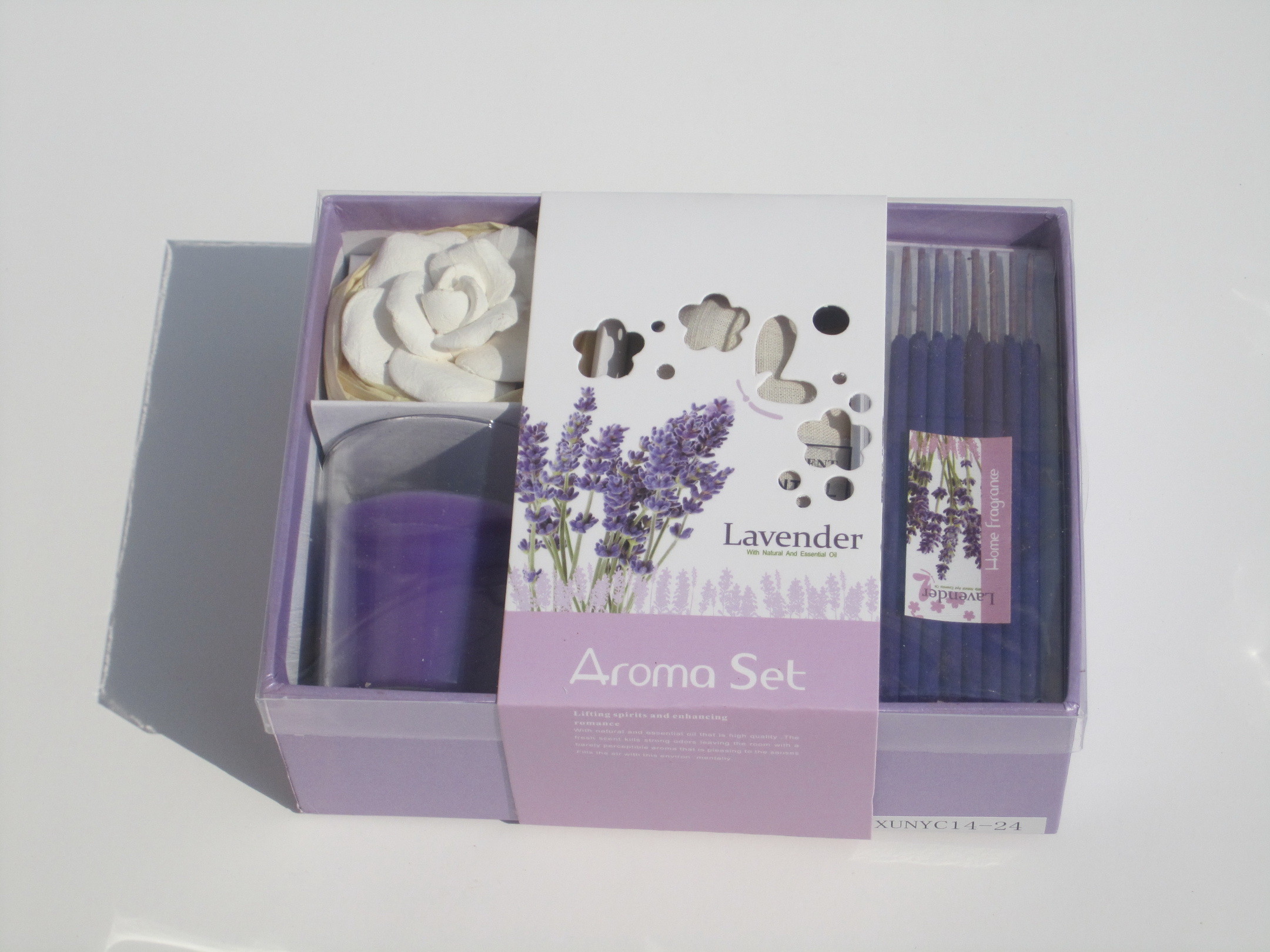 Purple lavender fragrance scented pillar candle and rose candle with printed label packed into gift box
