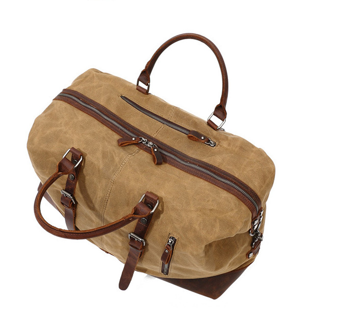 Waterproof Canvas Duffel Bag Genuine Leather Weekend Bag Weekender Overnight Carryon Hand Bag