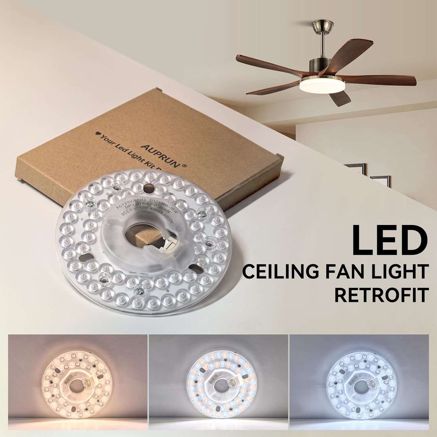 4.92” Universal Ceiling Fan Led Light Replacement for Ceiling Fan Flush Mount Ceiling Light, 18W 3CCT 3000K 4000K 6000K 1500LM CRI90 Dimmable