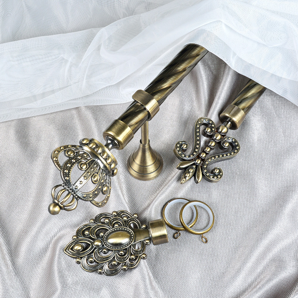 25mm Anti-Brass Aluminum Crown Finial Iron Twisted Pipe Curtain Rod Set With Accessories
