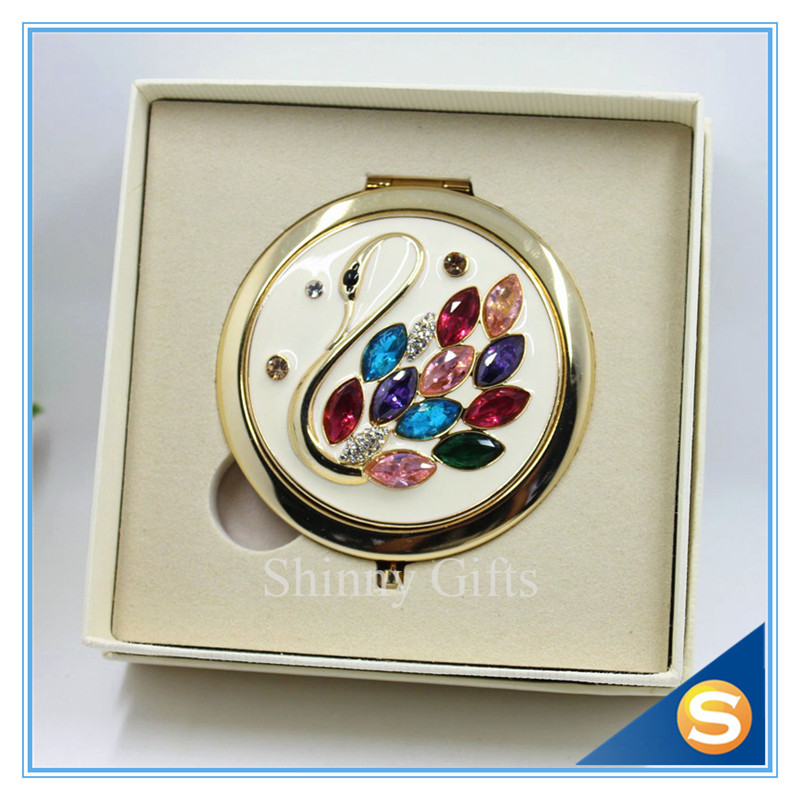 Shinny Gifts Rhinestone Small Metal Mirror For Craft Crystal Round Shape Pocket Mirror