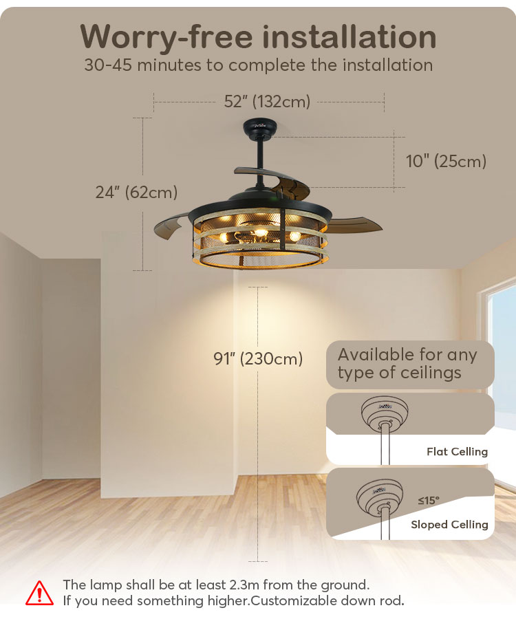 52 inches Big Airflow Retractable Ceiling Fan with Hidden Blades and Memory Function