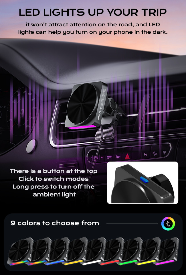 QI2 One-Piece Stretched All-Metal Design Car Magnetic Wireless Charger With 9 Light Colors And Projection Ambient Light