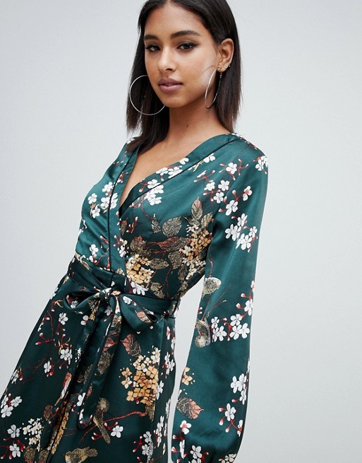 OEM fashionable green floral satin wrap mini tea dress