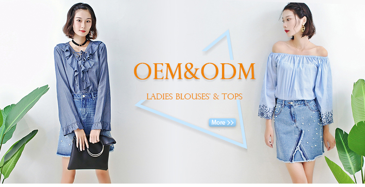 Fashion Ruffle Tie Denim Blouses And Tops , Women's Denim Shirts Long Sleeve