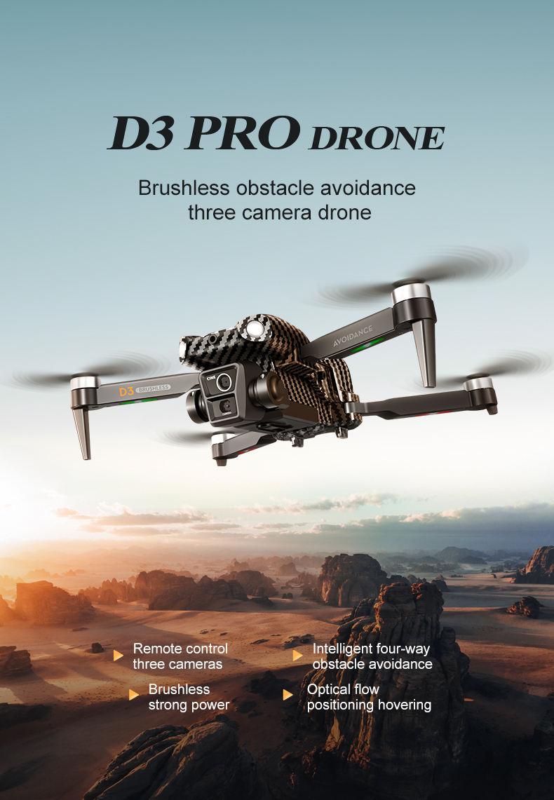 Beginner Operator Skill Level Portable RC Drone with Obstacle Avoidance and Triple Camera D3 Pro 4k Brushless Motor