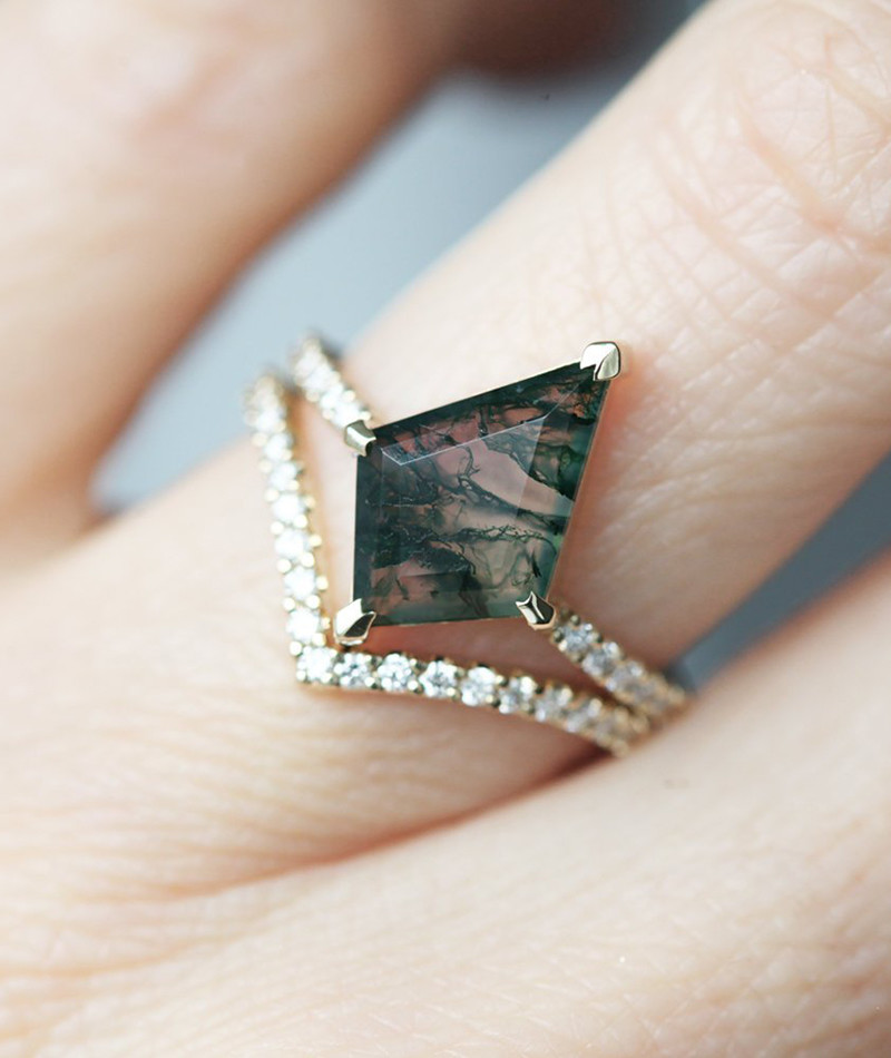 Solid Rose Gold 1.25ct Natural Inspired Leaf Moss Agate Jewelry Cluster Emerald Aquatic