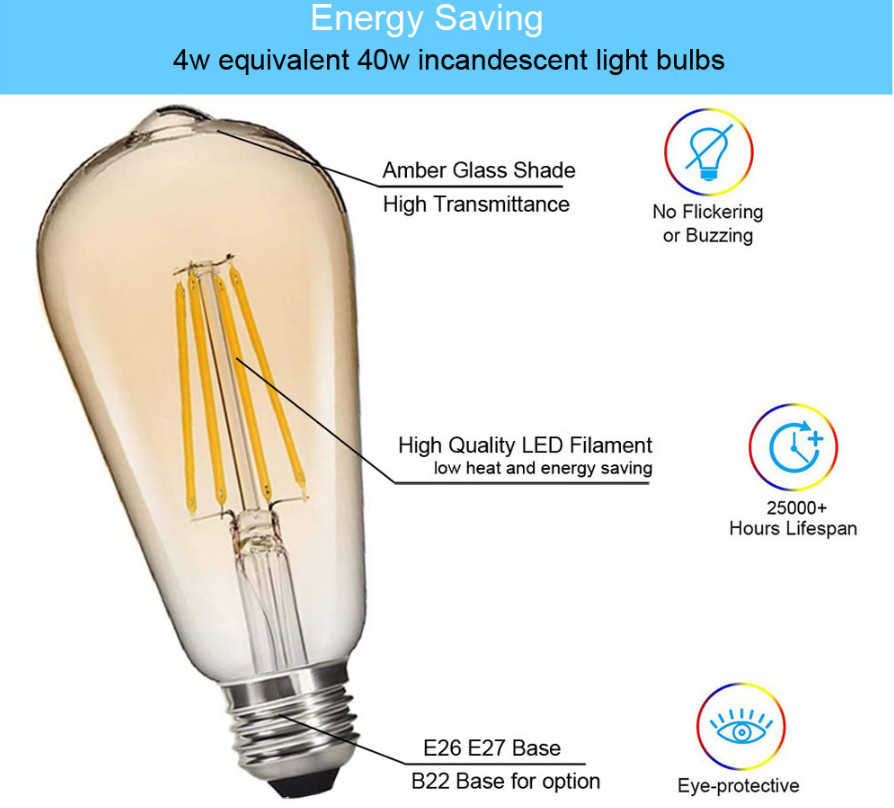 LED Long Edison LED Filament Bulbs Light Amber 6W 8W ST64 1050lm