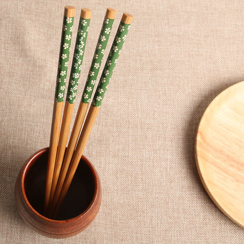 Polishing Flower Pattern Reusable Bamboo Chopsticks Japanese wooden Paper Wrap