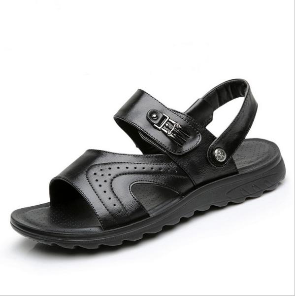 Quality Flat Handmade Leather Sandals Leisure Black Beach Sandals With Leather Upper for sale