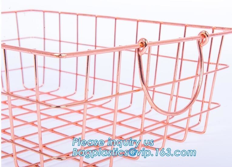 metal wire storage basket with tray in whole sale lowest MOQ sale even just buy 1 set, Kitchen storage Rose gold wire me