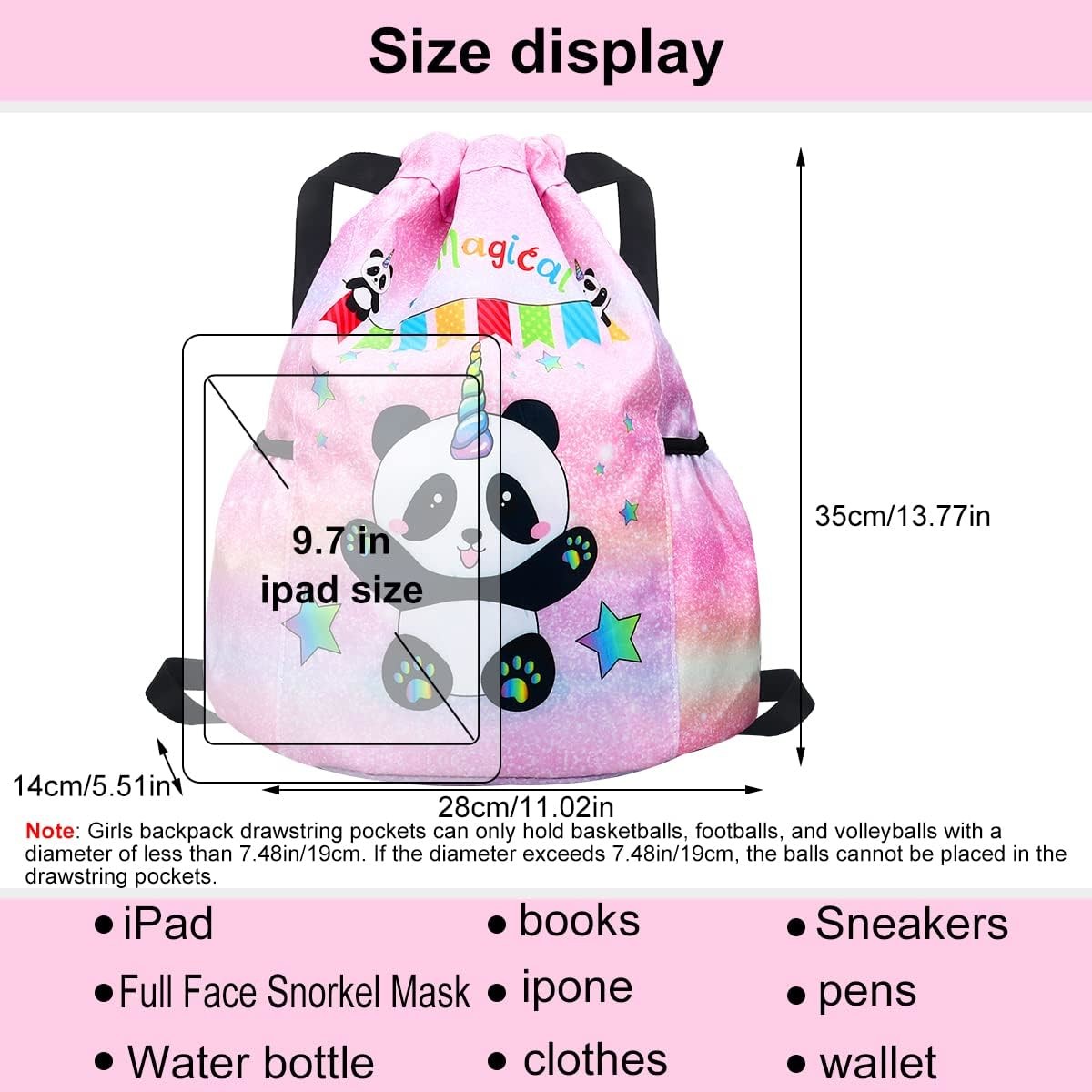 Gym Beach Swim Travel Panda Mini Bag Backpack for Kids With 2 Water Bottle Holder