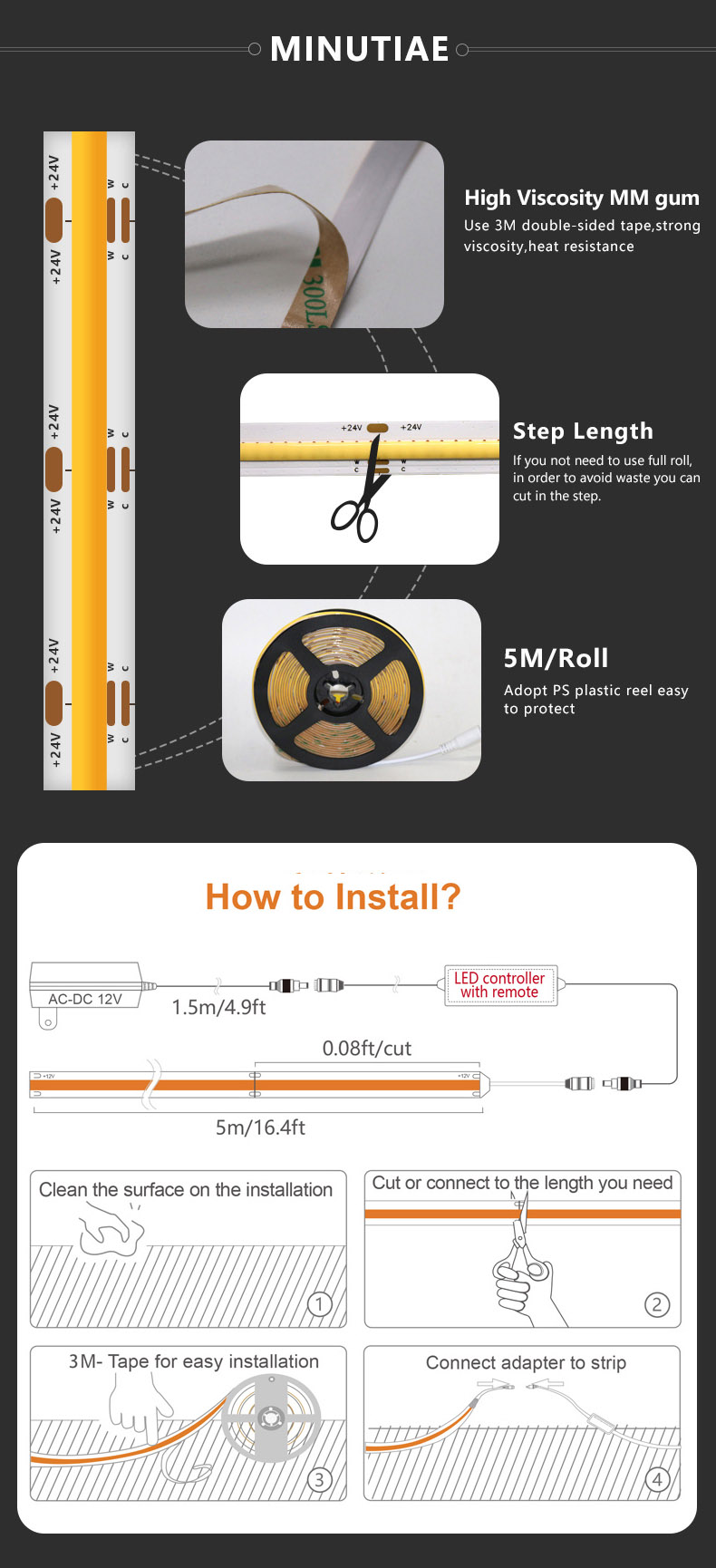 USB 5V CCT Tunable Flexible COB LED Strip 2700K-6500K Fcob Led Strip
