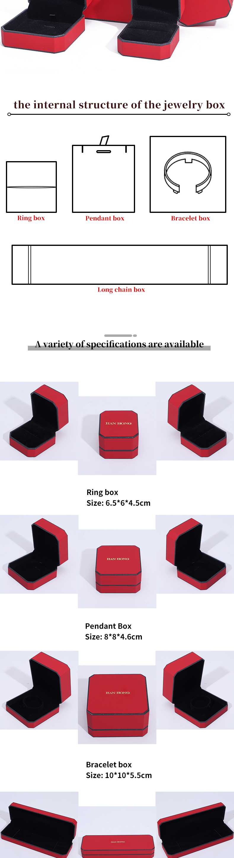 Red Velvet Material Rectangle Jewelry Box for Luxury Bracelet Earrings Necklace Ring