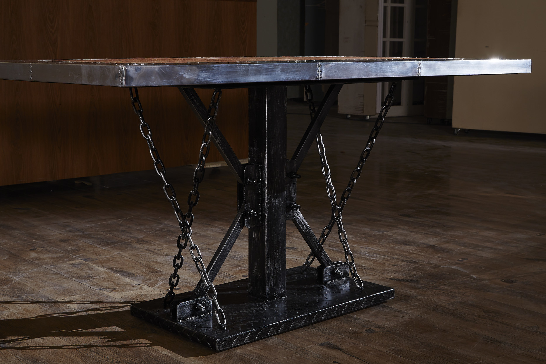 Vintage Dining Room Tables Top Genuine Leather 1.45M Length Metal Table Leg