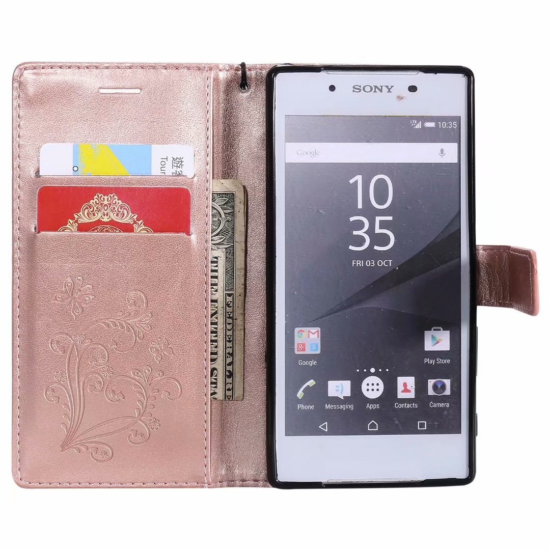 Sony Xperia Z5 Embossing 3D Butterfly Leather Bracket Stand Wallet Case with wristlet strap