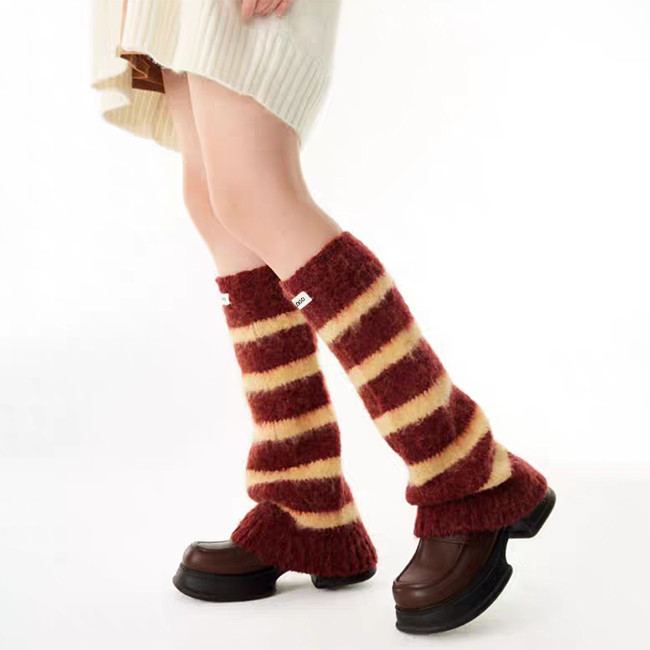 Custom Logo Women Leg Warmers Acrylic Knit Sock Sleeves With Horizontal Stripes