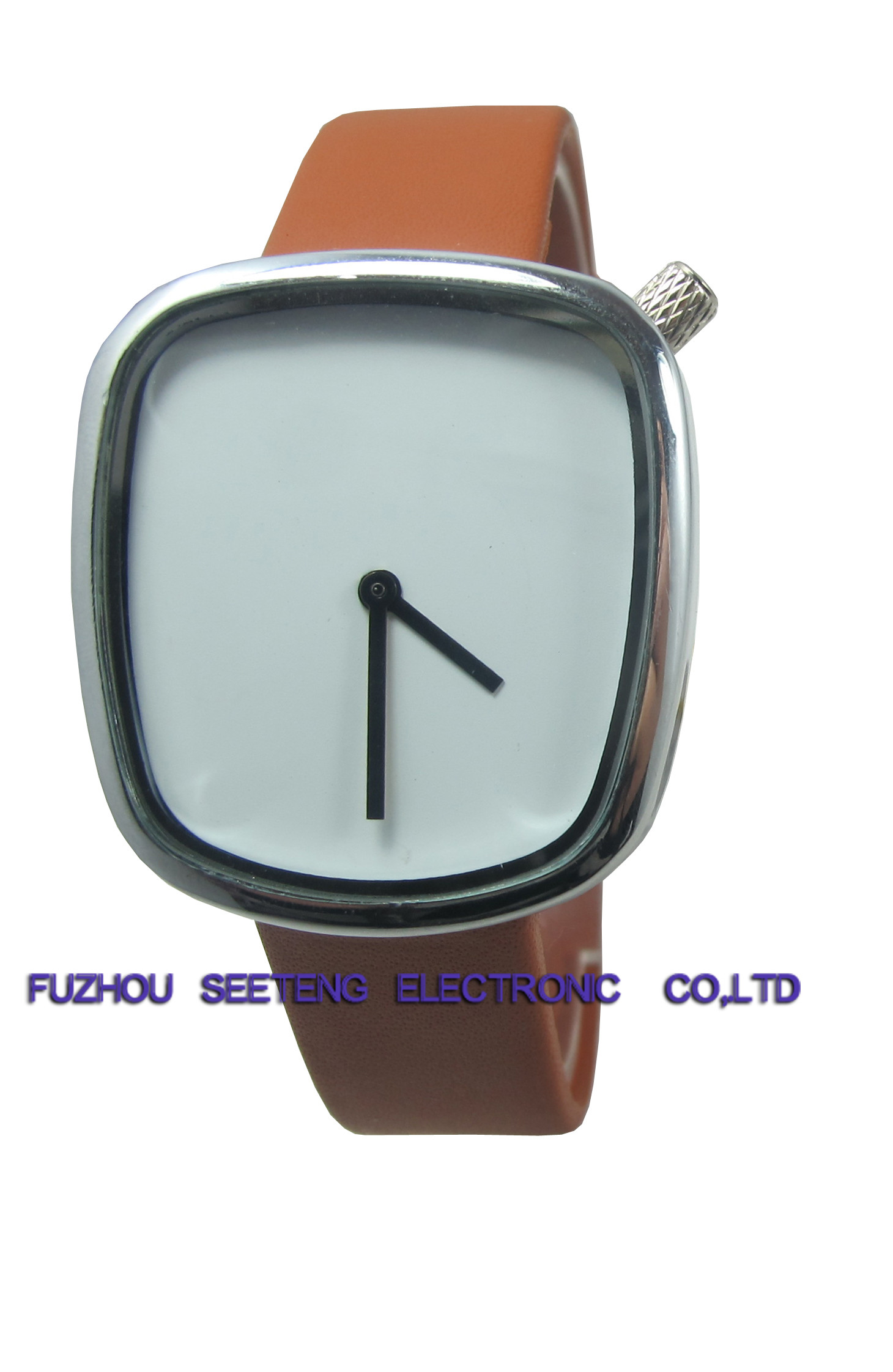 Square alloy case simple clean dial PU leather band wrist watch for young men