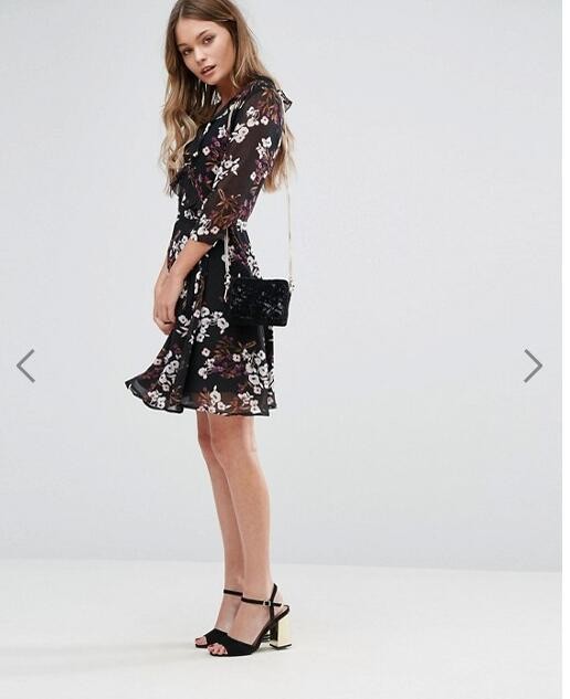 Newest Design Women Floral Print Chiffon Summer Dress with Frill Detail
