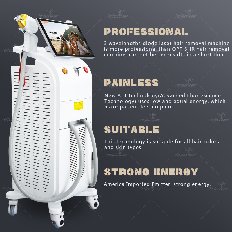Permanent 808nm Diode Laser Hair Removal Machine Painless 2 Handles Cooling System