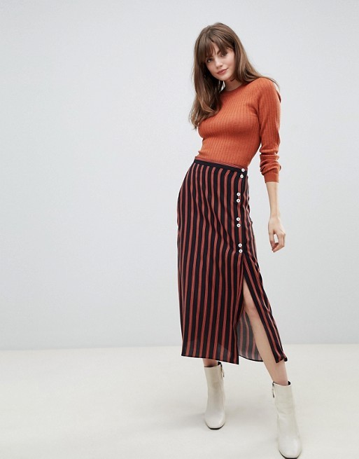 custom made girls fashion contrast buttons stripe midi skirt