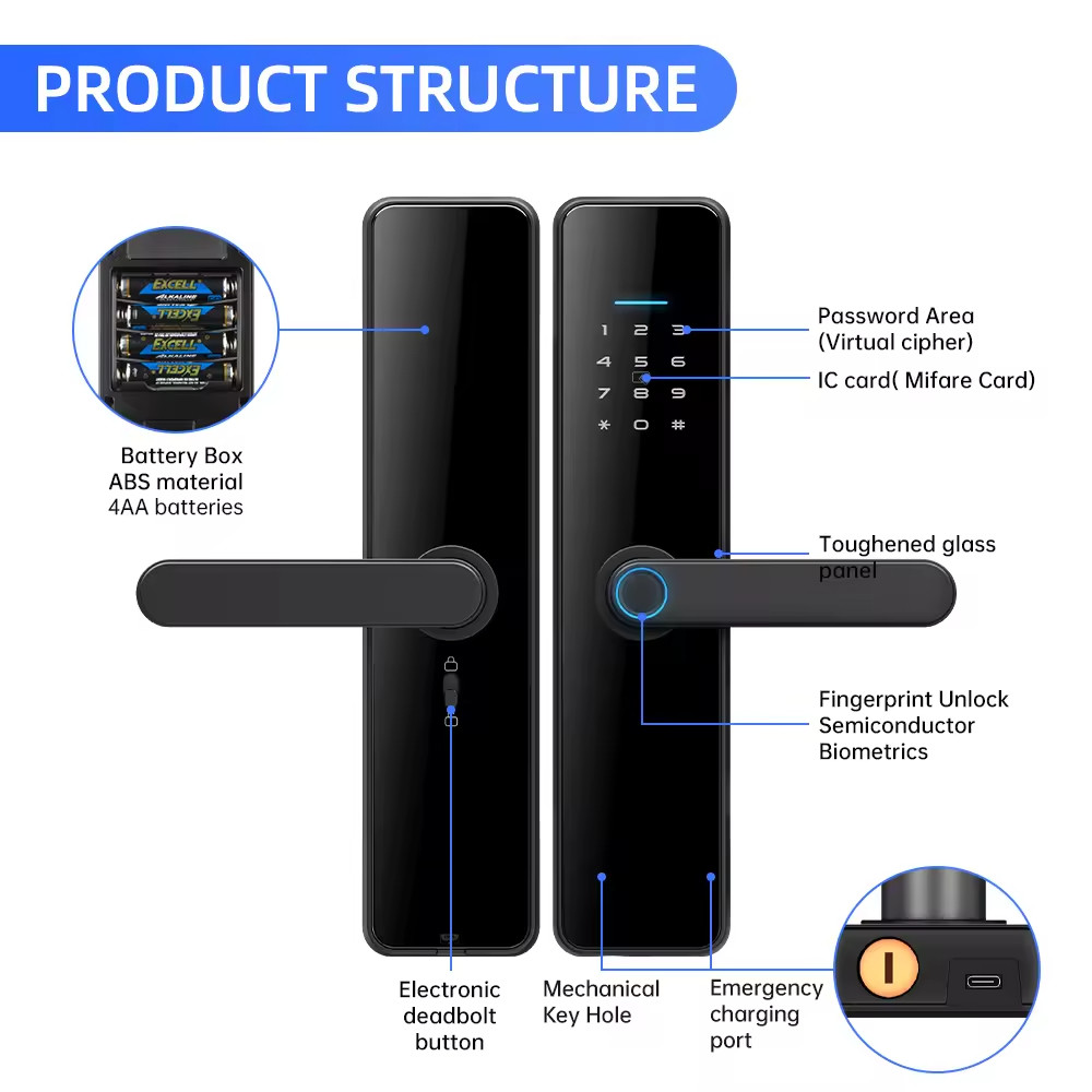 Tuya Wifi Electronic Door Lock 35mm - 55mm Smart Card Door Lock Password Key Unlock