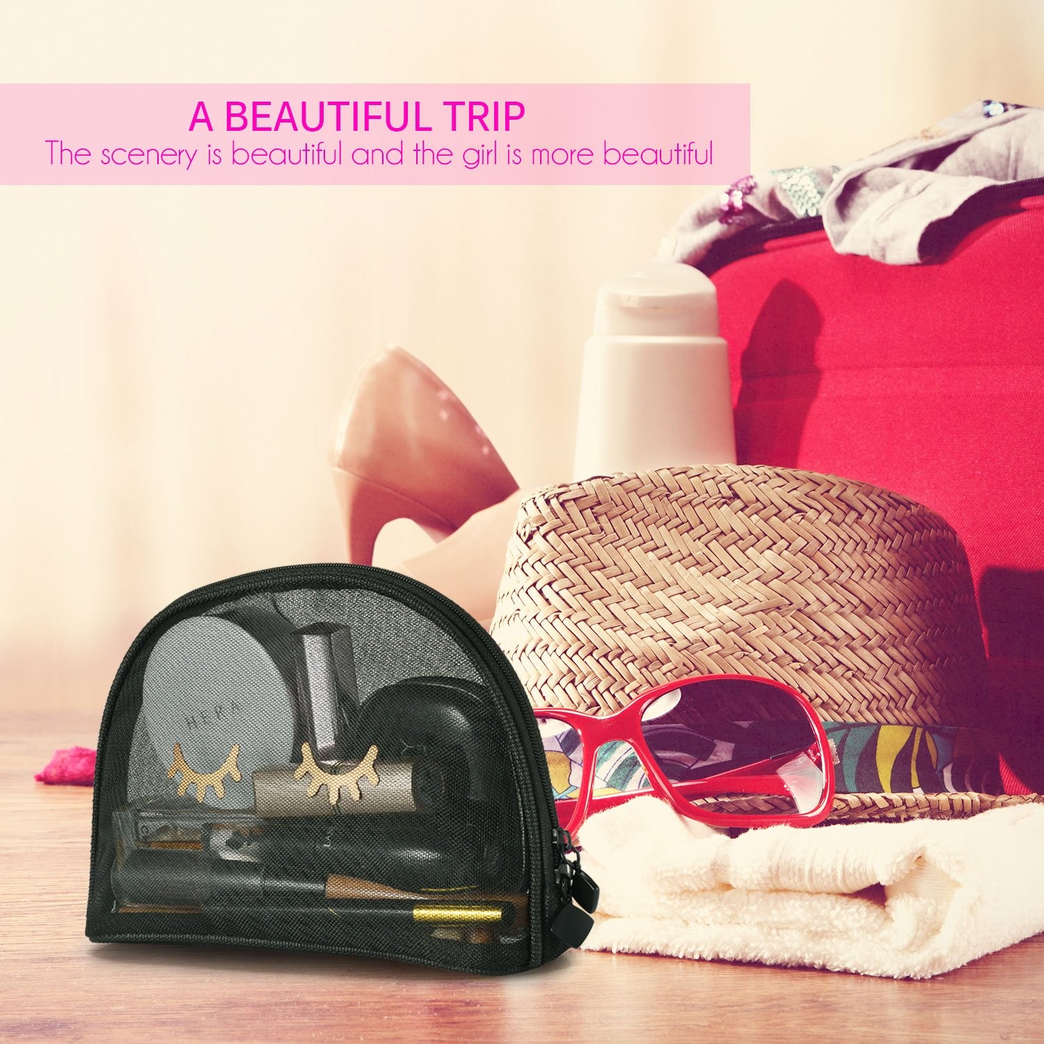 Black See Through Makeup Bag , 9x6 Mesh Cosmetic Bags For Stylish Eyelashes