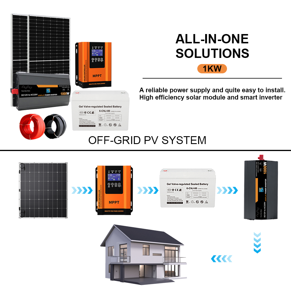 Off Grid Solar Power Generation System 1KW Hybrid GEL Battery Solar Energy For Residential