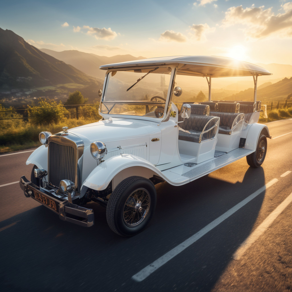 Retro Style White Streamlined Classic Car Nostalgic Journey On Sunset Road