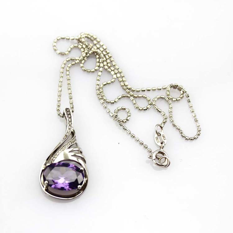Women Silver Jewelry Oval 9mmx13mm Amethyst Cubic Zircon Pendant(P41)