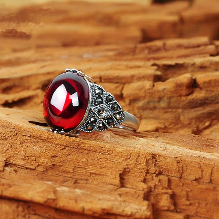 Thai Silver Jewelry Sterling Silver Red Cubic Zirconia Marcasite Ring (R111702)