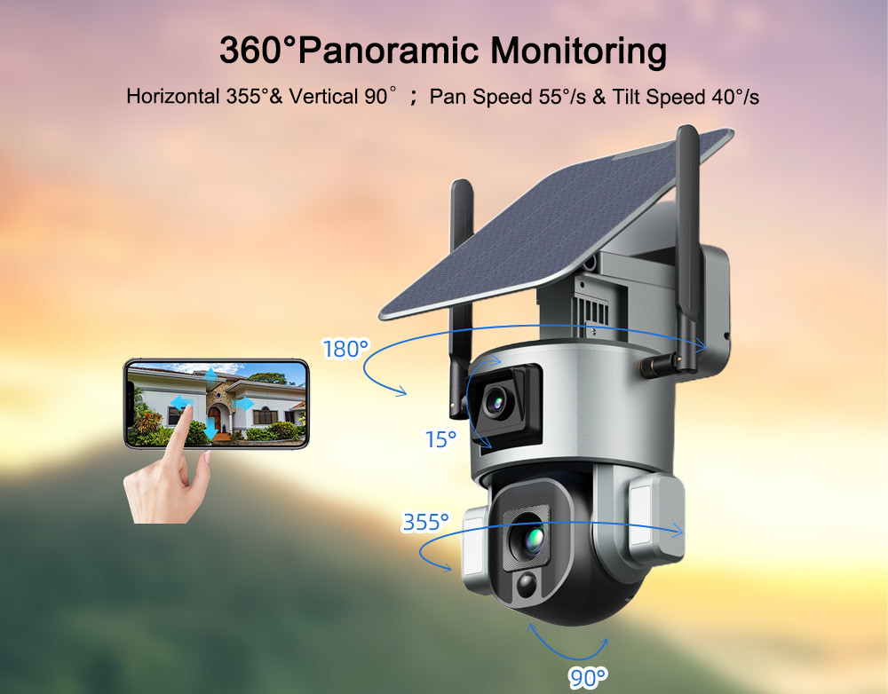 Dual Lens Continuous Recording Security Camera 10X Zoom 4K Solar Camera