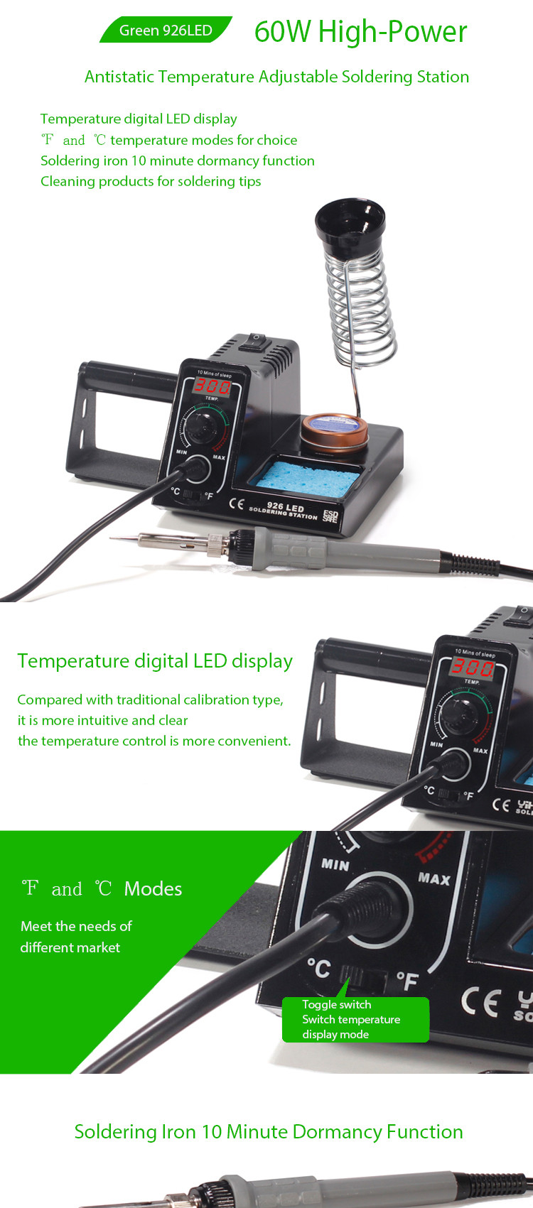 High Power Anti Static Adjustable Temperature Soldering Station Green 926LED 60W