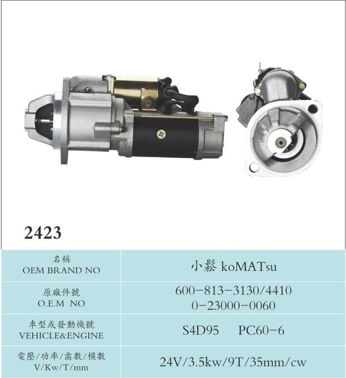 Car Accessories Diesel Generator Komatsu Starter Motor Copper Material 3.5Kw 600-813-3130/4410 0-23000-0060 S4D95 PC60-6