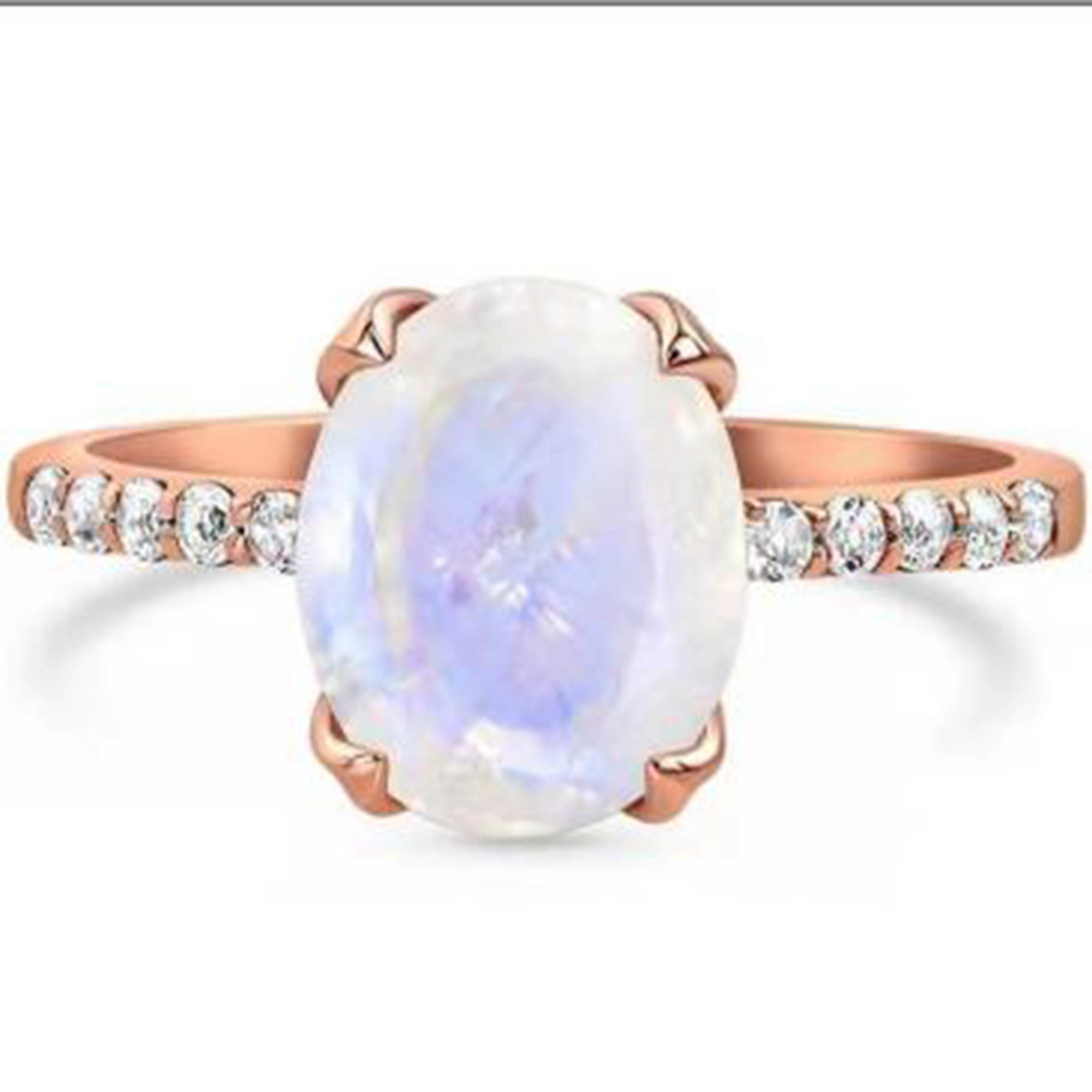 Elegant Plated Oval Cut Claw Setting Moonstone With CZ Rings Engagement Women Anniversary Ring