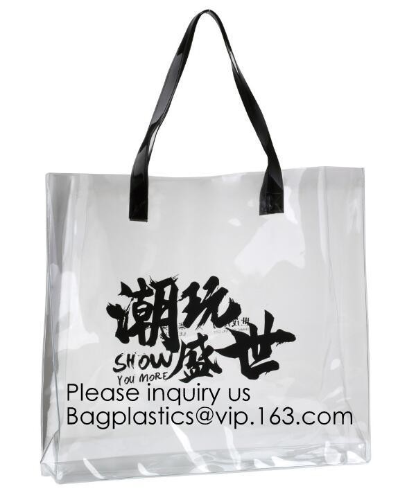 Waterproof All Over Printing PVC Coating Tote Shoulder Fabric Shopping Bag With Gusset And Lining,Jelly Clear Plastic PV