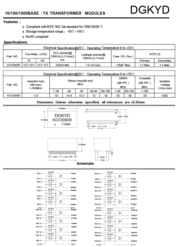 KG7209DR 72PIN 1000BASE-TX Magnetic Network LAN DIP Ethernet Transformer