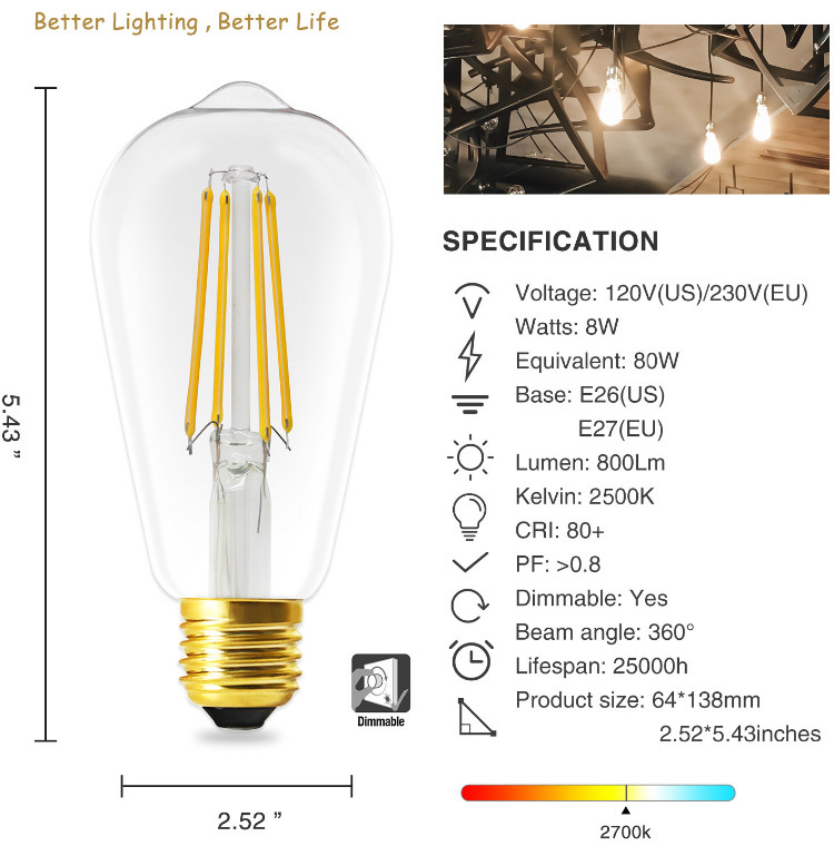 240V St64 Decorative Filament Bulbs 6W E26 Dimmable Edison Bulb